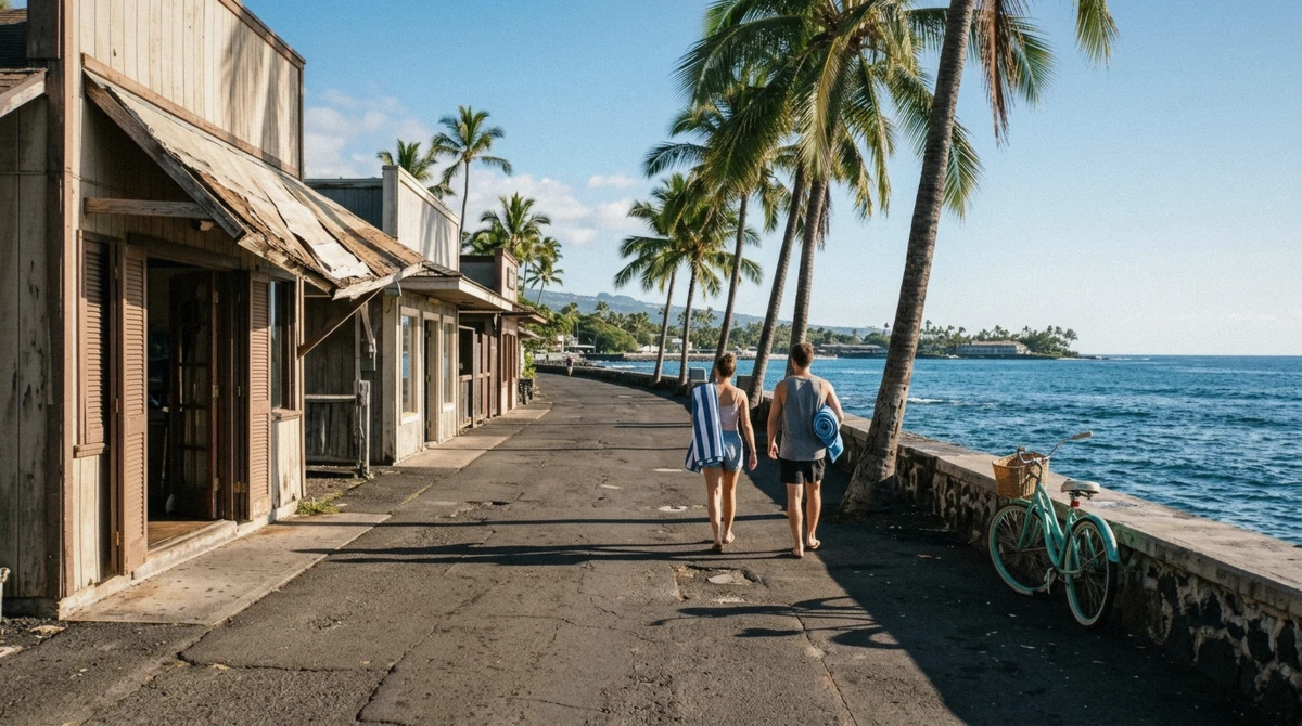 The Alii Drive waterfront in Kailua-Kona, where several of the free things to do in Kona on the Big Island sit within a short walk