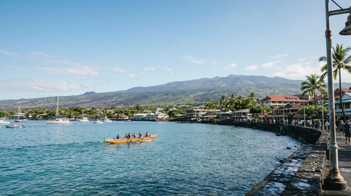 Outrigger canoe crossing Kailua-Kona bay under a clear sky, the settled weather that runs through most of the year in Kona Hawaii