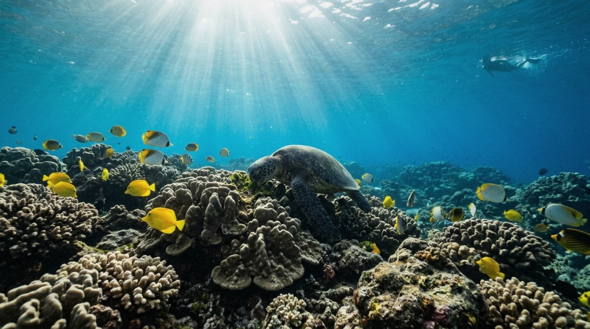 Green sea turtle on a sunlit Kona reef in calm clear water, the summer conditions that shape the best time to visit Kona Hawaii for snorkelling