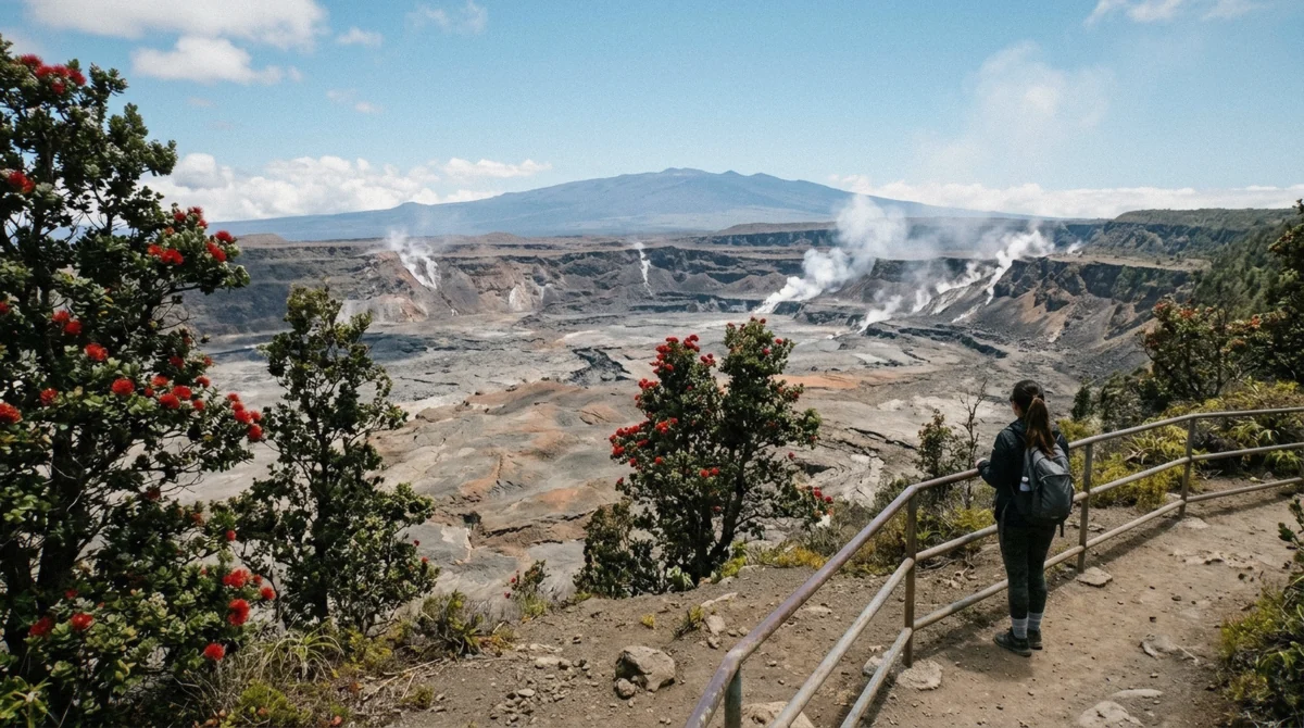 Steam rising from the Kilauea caldera at Hawaii Volcanoes National Park, where entry is $30 per vehicle and a major line in any Kona trip cost